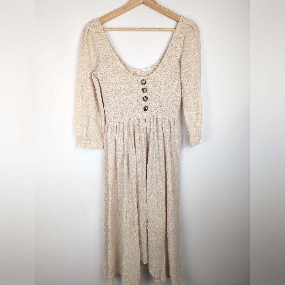Cream Button Cotton Dress 3/4 Length Smocked Boho Earthy Size Medium - Picture 6 of 8